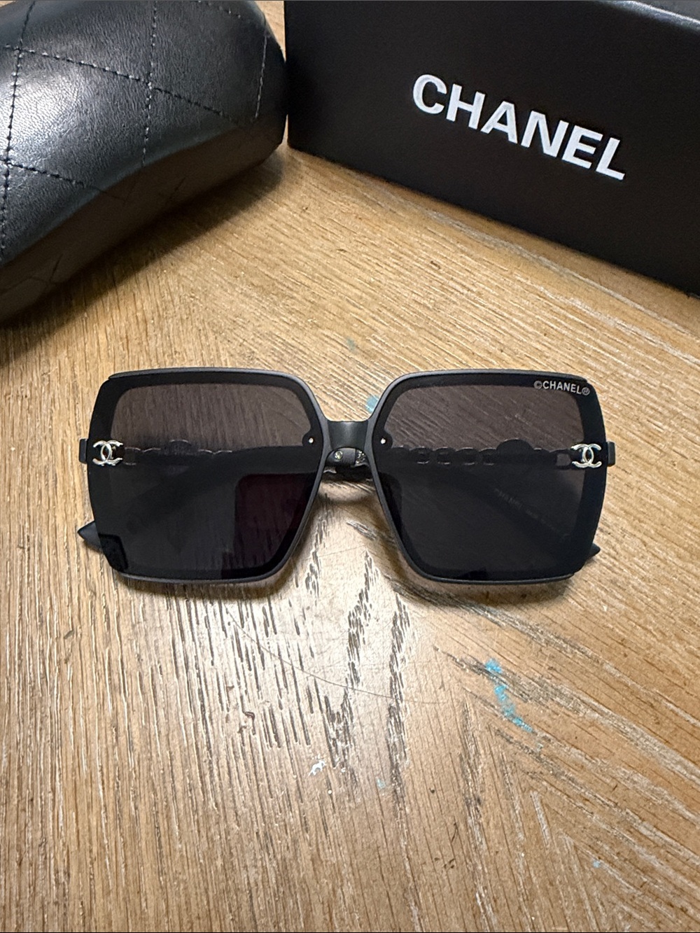 CHANEL Black & Silver Oversized Square Sunglasses with CC Accent